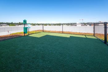 a fenced in batting cage with green turf and a scoreboard at Wilcox, Seattle, Washington, 98107